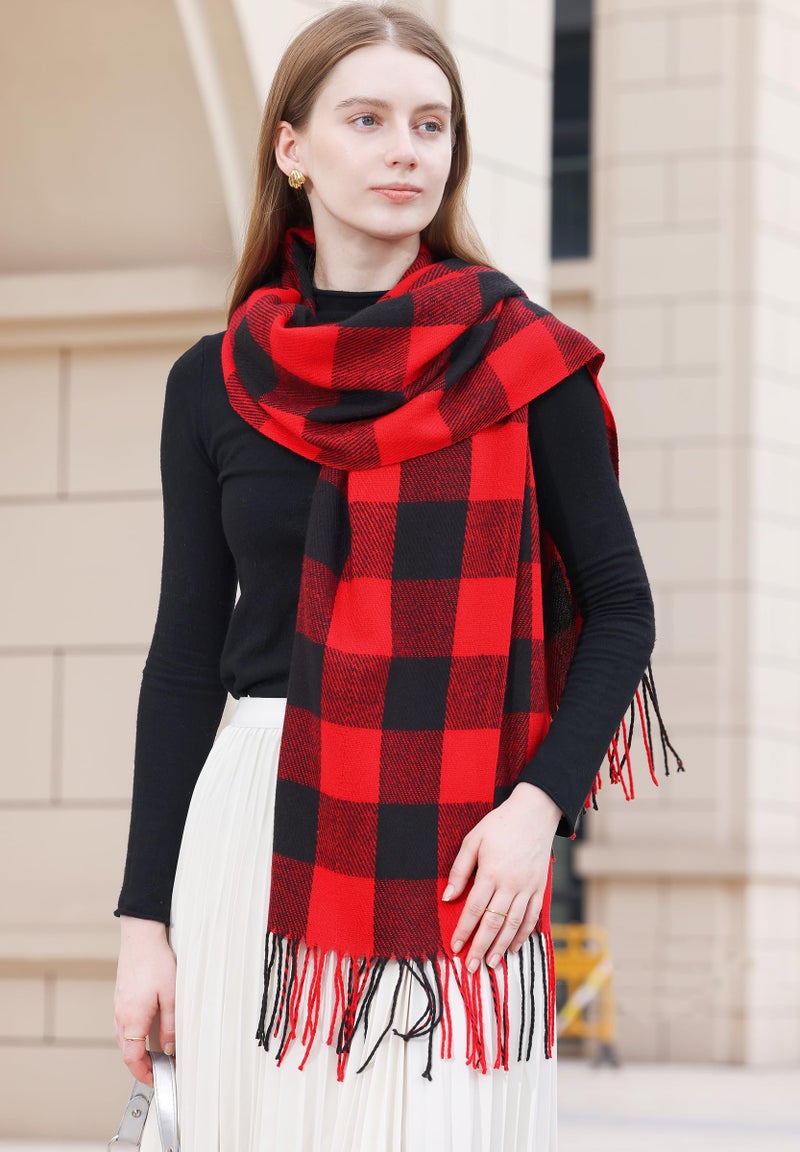 Wander Agio Women's Fashion Long Shawl Winter Warm Lattice Large Scarf Small Plaid Red Black - Image 4